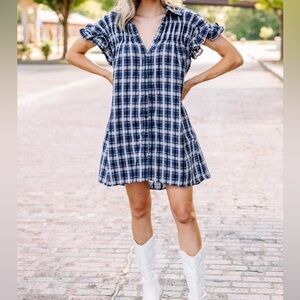 Plaid Mini Dress in Blue and White